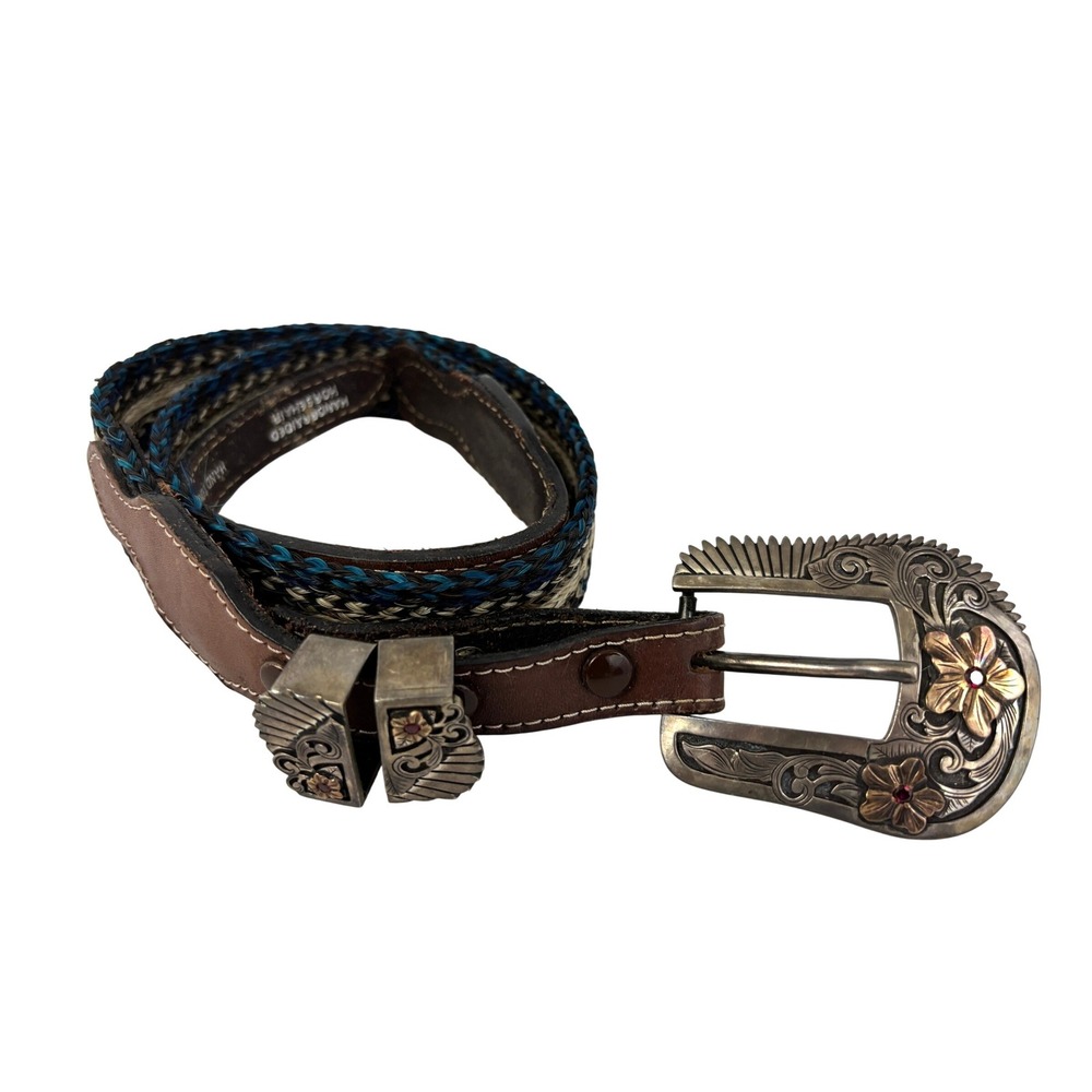 Richard Stump 925 Sterling 14K Gold Ruby Western‎ Buckle Horsehair Belt 32 VTG